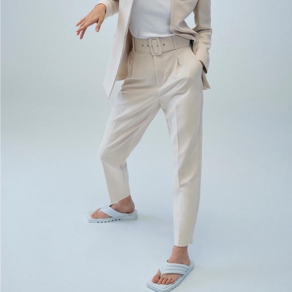 Zara ecru high waisted belted fabric pants blogger favorite - Picture 8 of 12